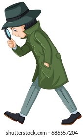 Detective in green overcoat with magnifying glass illustration