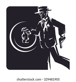 detective with a gun and a flashlight in his hand, at night .In suit and hat .On the background of the city at night.
