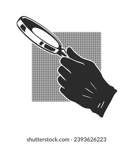 Detective hand in glove with magnifying glass. Investigation and search for evidence. Vector illustration. Black and white sketch ink