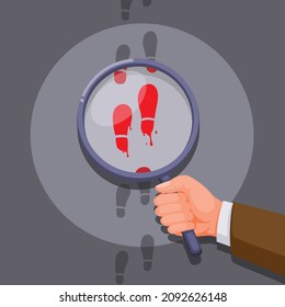 Detective Hand With Magnifier Glass Find Clue On Foot Print. Criminal Investigation Scene Illustration Cartoon Vector