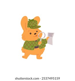 Detective hare animal with magnifying glass studies the document and search evidence. Cartoon funny bunny spy agent. Cute rabbit crime investigating vector flat character isolated on white