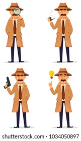 Detective in hat and coat. Set of handsome cartoon character, four poses. Vector illustration isolated on white background.