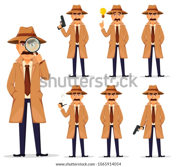 帽子とコートを着た刑事 セット ハンサムな漫画のキャラクター 白い背景にベクターイラスト のベクター画像素材 ロイヤリティフリー