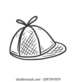 Detective hat icon. Hand drawn doodle sketch style. Drawing line simple deerstalker, Sherlock hat. Isolated vector illustration.