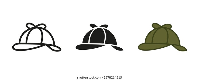 Detective hat icon. Sherlock twin visor cap vector illustration. Hunting deerstalker hat symbol. Vintage detective character twin peak cap sign. Investigation accessory pictogram isolated.