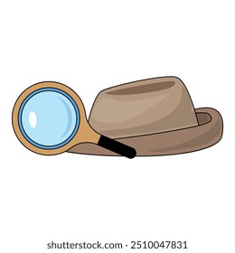 Detective hat and magnifying glass are lying together, suggesting an investigation or mystery is underway