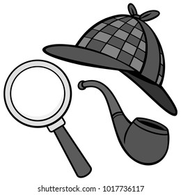 Detective Hat, Pipe and Magnifying Glass Illustration - A vector cartoon illustration of a Detective Hat, Pipe and a Magnifying Glass.