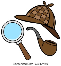 Detective Hat, Pipe, and Magnifying Glass