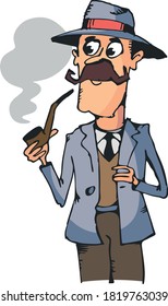 Detective in a hat with a pipe, with a tie. Vector drawing.