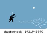 Detective having problem searching for the source of location with scattered footprints. Vector illustration concept of ambiguity, confusion, issue pin pointing direction, elusive, and unclear.