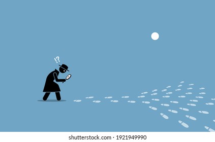 Detective having problem searching for the source of location with scattered footprints. Vector illustration concept of ambiguity, confusion, issue pin pointing direction, elusive, and unclear.