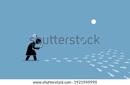 Detective having problem searching for the source of location with scattered footprints. Vector illustration concept of ambiguity, confusion, issue pin pointing direction, elusive, and unclear.