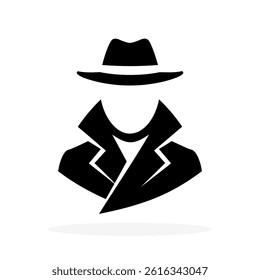 Detective with hidden face icon. Black figure in hat isolated on white background. Vector illustration.