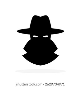 Detective with hidden face icon. Black figure in hat isolated on white background. Vector illustration.