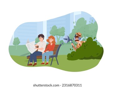 Detective hiding in bushes and listening to people's talk, flat vector illustration isolated on white background. Private investigator or spy wiretapping with special equipment.