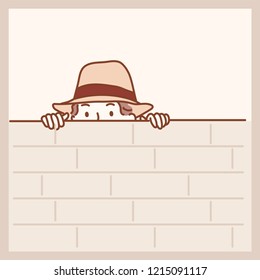 A detective hiding in a wall. hand drawn style vector design illustrations.