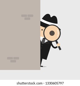 Detective Holding A Magnifying Glass Behind The Wall.