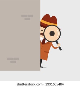 Detective Holding A Magnifying Glass Behind The Wall. Police Detective And Inspector Cartoon.