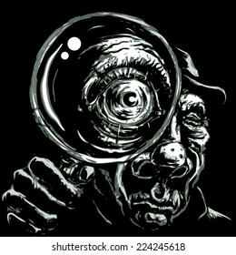 Detective holding magnifying glass up to eye. Eps8 CMYK Organized by layers. Global colors. Gradients free.