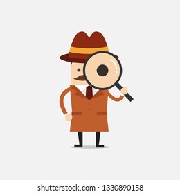 Detective holding a magnifying glass. Police detective and inspector cartoon.