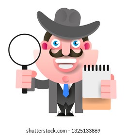 Detective Holding A Magnifying Glass. Vector Illustration On White Background