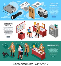 Detective horizontal banners set with isometric office furniture spying equipment and plainclothes man character with text vector illustration