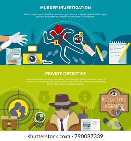 Detective horizontal colored banner set with murder investigation and private detective descriptions vector illustration