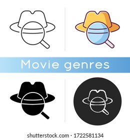 Detective Icon. Linear Black And RGB Color Styles. Traditional Movie Genre, Classic Noir Film. Murder Mystery, Crime Investigation. Felt Hat And Magnifying Glass Isolated Vector Illustrations