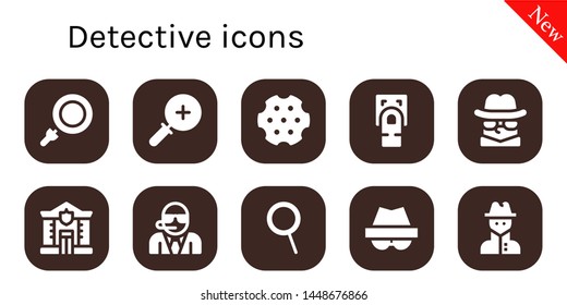 detective icon set. 10 filled detective icons.  Collection Of - Loupe, Zoom in, Revolver, Fingerprint scan, Detective, Police, Bodyguard, Zoom, Hacker, Spy