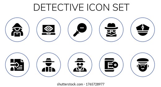 detective icon set. 10 filled detective icons. Included Hacker, Spy, Detective, Zoom out, Invisible man, Police icons