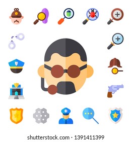 detective icon set. 17 flat detective icons.  Simple modern icons about  - sherlock holmes, handcuffs, police, bodyguard, zoom in, revolver, police badge, loupe, policeman
