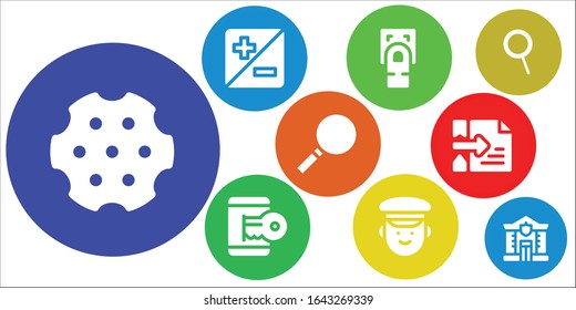 conjunto de iconos de detectives. 9 íconos detectivescas rellenados.  Iconos modernos sencillos, como: Revolver, Zoom, Escaneo de huellas digitales, Hacker, Police, Loupe