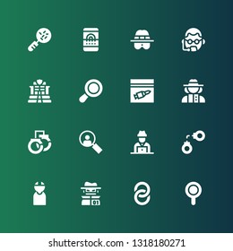 detective icon set. Collection of 16 filled detective icons included Magnifier, Handcuffs, Hacker, Criminal, Loupe, Detective, Evidence, Police, Bodyguard, Fingerprint scan