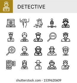 detective icon set. Collection of Policeman, Hack, Fingerprint scan, Detective, Suspect, Officer, Zoom out, Cop, Zoom in, Fingerprint identification, Police officer, Riot police icons