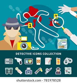 Detective icon set with icon collection with secret surveillance murder investigation and crime scene vector illustration