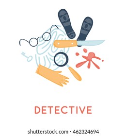 Detective and icon set elements. Crime scene, revolver, investigation, prosecution, murder, theft. Top view. Flat design vector.