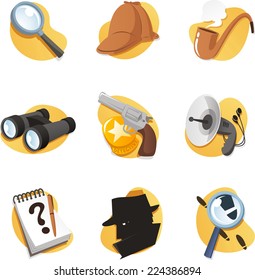 Detective Icon Set Elements In Vector Format. With Magnifying Glass, Cap, Binoculars, Gun, Radar, Hat, Notepad, Pipe, Magnifying Glass, And Many More.