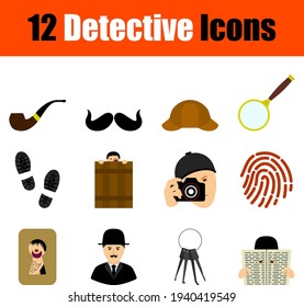 Conjunto de iconos de detectives. Diseño plano. Ilustración vectorial totalmente editable. Texto expandido.