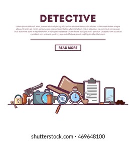 Detective icons banner. Private detective agency design elements in linear style.  Can be used for web site, card, advertising flyer , and printed materials. Vector illustration. Isolated 