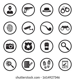 Detective Icons. Black Flat Design In Circle. Vector Illustration.