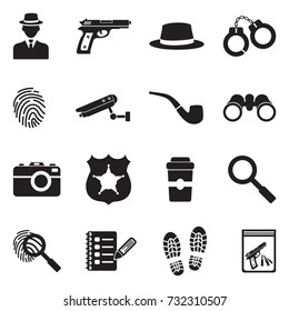 Detective Icons. Black Flat Design. Vector Illustration. 