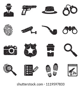 Detective Icons. Black Scribble Design. Vector Illustration.