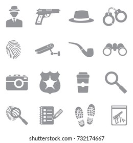 Detective Icons. Gray Flat Design. Vector Illustration. 