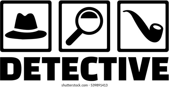 Detective icons - Hat, magnifying glass, pipe.
