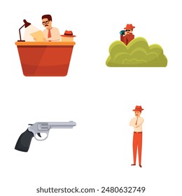 Iconos de detectives Vector de dibujos animados. El detective privado investiga el crimen. Persecución, detección de delitos