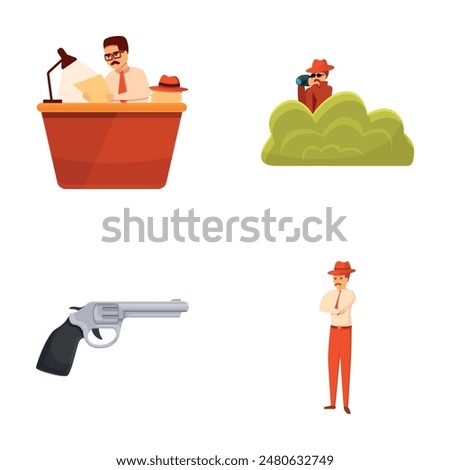 Detective icons set cartoon vector. Private detective investigates crime. Pursuit, crime detection