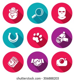 Detective Icons Set. Vector Illustration. Isolated Flat Icons collection on a color background for design