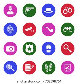 Detective Icons. White Flat Design In Circle. Vector Illustration. 