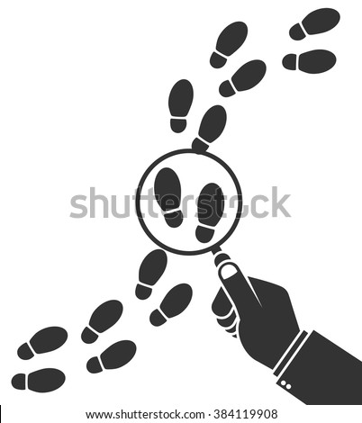 Detective inspecting or following footsteps concept. Hand holding magnifying glass over footprint symbol. Flat style