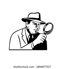 Detective Inspector Private Eye or Investigator Looking Through Magnifying Glass Retro Stencil Black and White